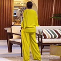 European and american style women's  autumn sweet & fresh loose plus size v-neck three-quarter sleeve blouse and high-waisted straight-leg pants two-piece set