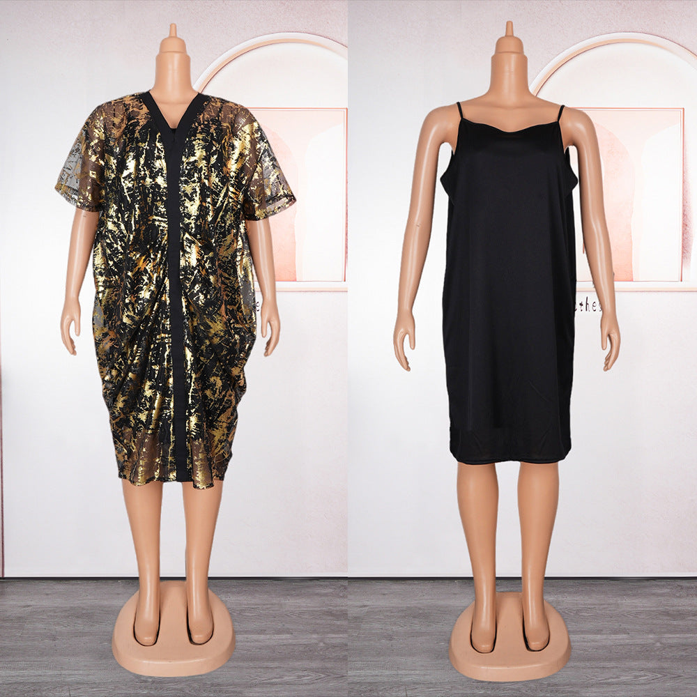 Fashion cross-border e-commerce  soft mesh hot stamping dress suspender two-piece set african plus size women's clothing