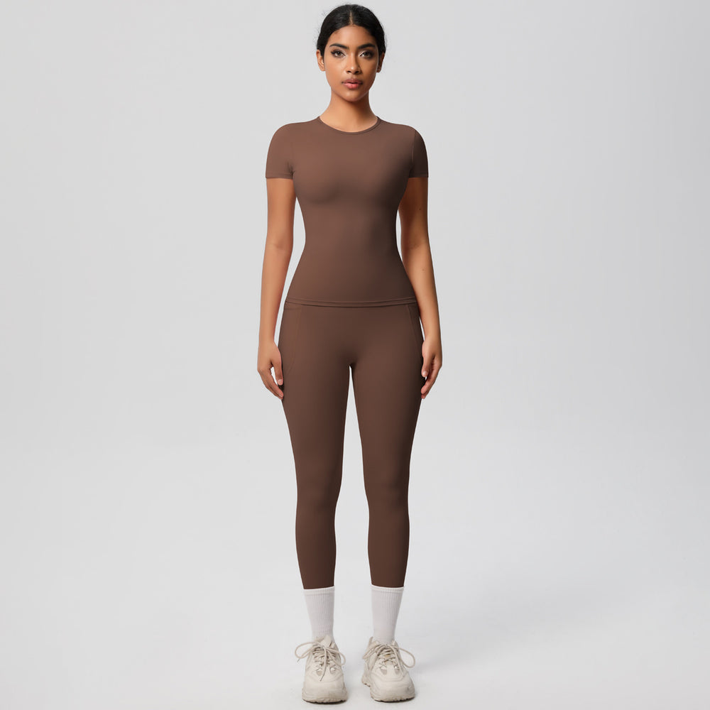 European and american solid color nude feel brushed short-sleeve yoga top and high-waisted butt-lifting fitness leggings quick-dry running workout set