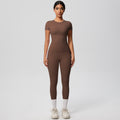 European and american solid color nude feel brushed short-sleeve yoga top and high-waisted butt-lifting fitness leggings quick-dry running workout set