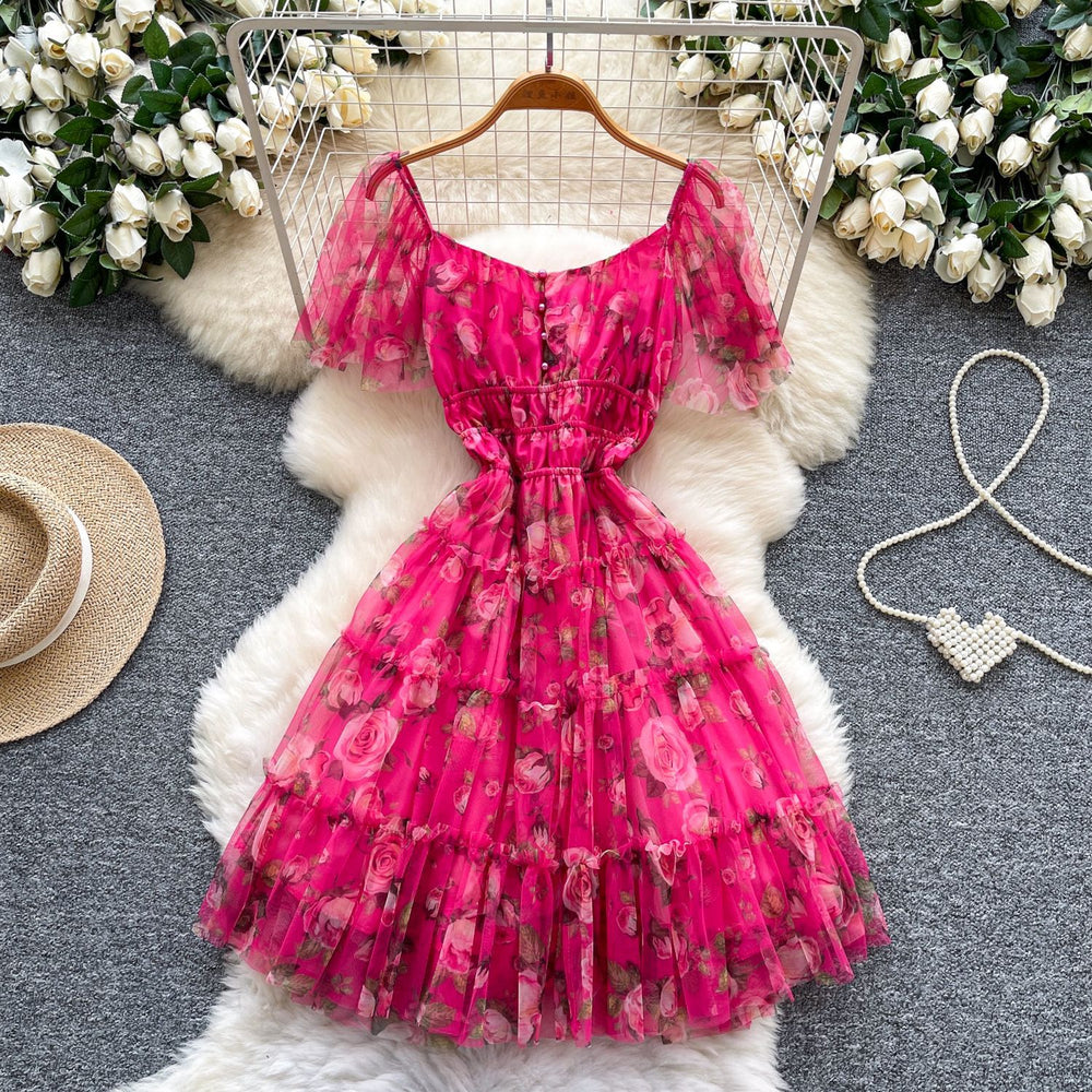 Dopamine dress: square neck, bubble sleeves, floral print, summer mesh overlay with ruffle trim - sweet & stunning