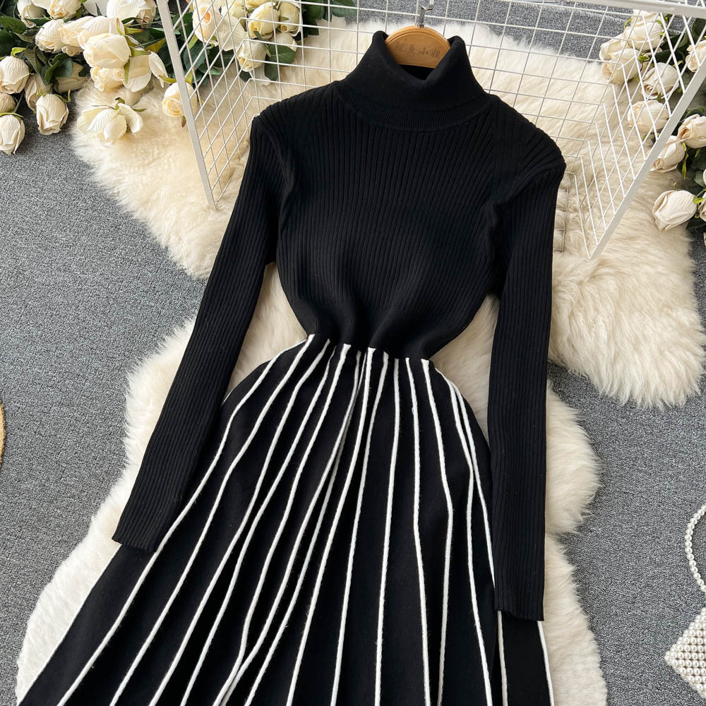 Fall and winternew arrivalhigh collarthickened inner layer bottomsense of designstripespleated knittingdress women's knee-length long skirt trendy
