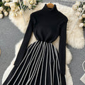 Fall and winternew arrivalhigh collarthickened inner layer bottomsense of designstripespleated knittingdress women's knee-length long skirt trendy