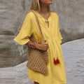cross-border hot selling european and american v-neck tie-up loose minimalist short-sleeve dress - in stock