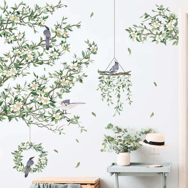 Factory direct sales fresh green leaf plant background wall paper flying bird orchid bedroom sofa decoration PVC wall sticker