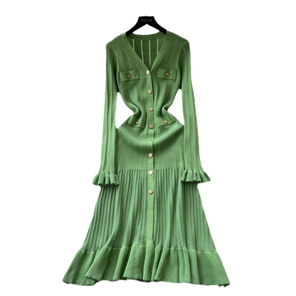 Xiaoxiangfeng dress women's fall and wintereasiest for matchclassy sense v neck metal buckle silmslimming lookrufflesknitting skirt