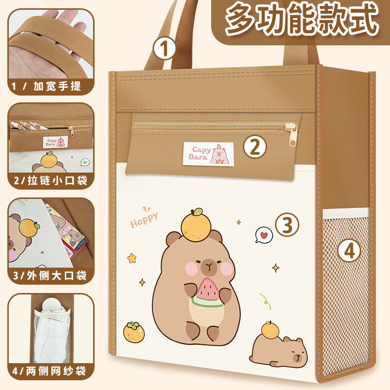 Kapibara bag tutoring bag, primary school student tote bag, book bag, large capacity canvas tutoring file bag, desktop storage