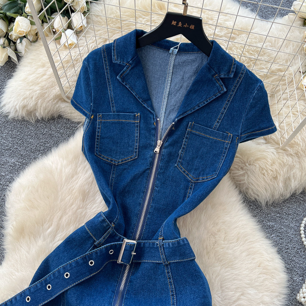 Frenchretro stylework clothing lapel zipper denimdress women's summerk-stylehigh waist waist slimming look a-line skirt