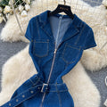 Frenchretro stylework clothing lapel zipper denimdress women's summerk-stylehigh waist waist slimming look a-line skirt