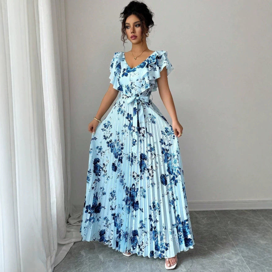 european and american new light blue floral maxi dress - v-neck, ruffle flutter sleeves, cinched waist, tie-waist, long floral print dress