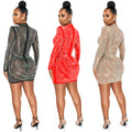 X5572   fashion sexy nightclub rhinestone mesh see-through long sleeve hollow-out midi dress