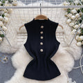 Classy sense of knittingtops women's elegant half turtleneck breasted silmshort stretch tight sleeveless vest bottom shirt