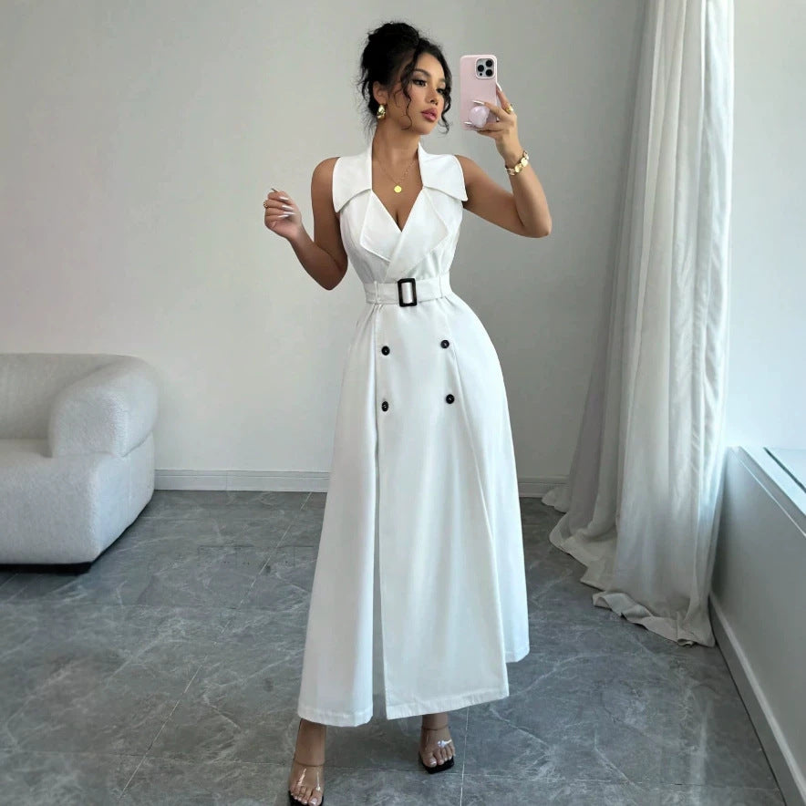 double-breasted elegant polo collar sleeveless dress - slim fit, figure-flattering a-line dress