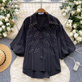 Imperial style, heavily embellished, rhinestone-adorned lantern sleeve single-breasted blouse - women's  summer loose fit, versatile, casual, european and american top