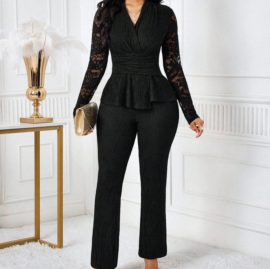 Women's elegant top paired with bold, oversized cartoon-print pants, contrasting with vibrant, color-blocked trousers