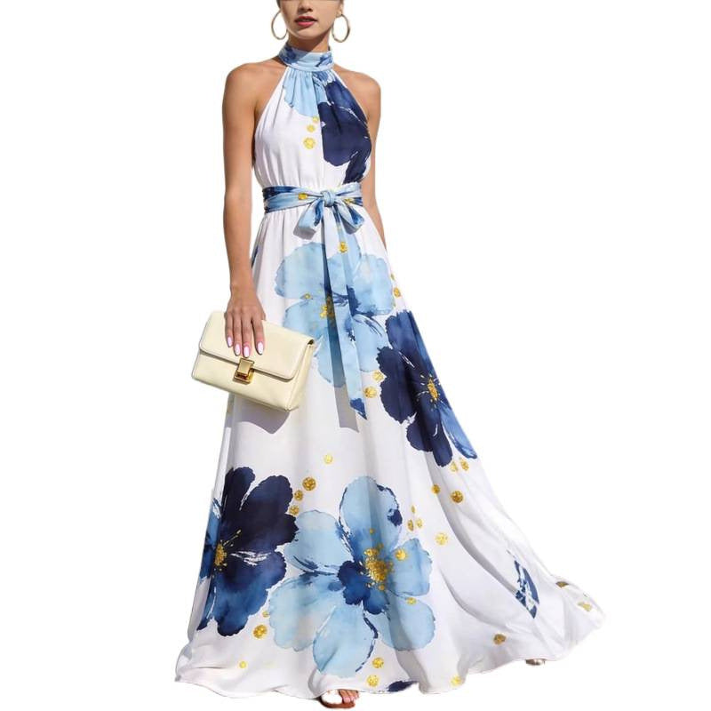Amazon  summer new arrival: elegant casual vacation style floral stand collar tie sleeveless maxi dress for women