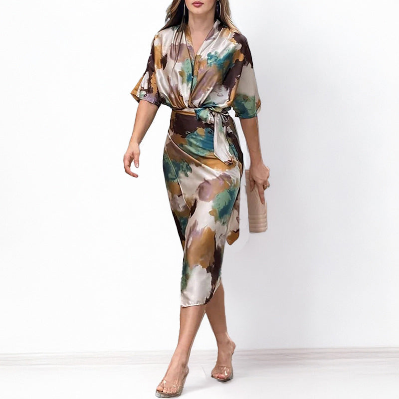 cross-border e-commerce women's fashion: european and american summer new arrivals - elegant and chic printed v-neck tie-waist dress