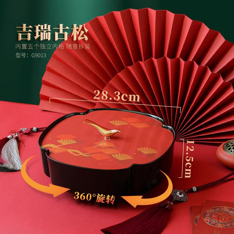 Chinese-style red rotating dried fruit box, household high-end housewarming, Chinese New Year grid fruit plate, living room snacks, melon seeds display plate