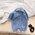Newborn baby denim romper - korean style, unisex, spring/autumn outfit for crawling and outdoor wear