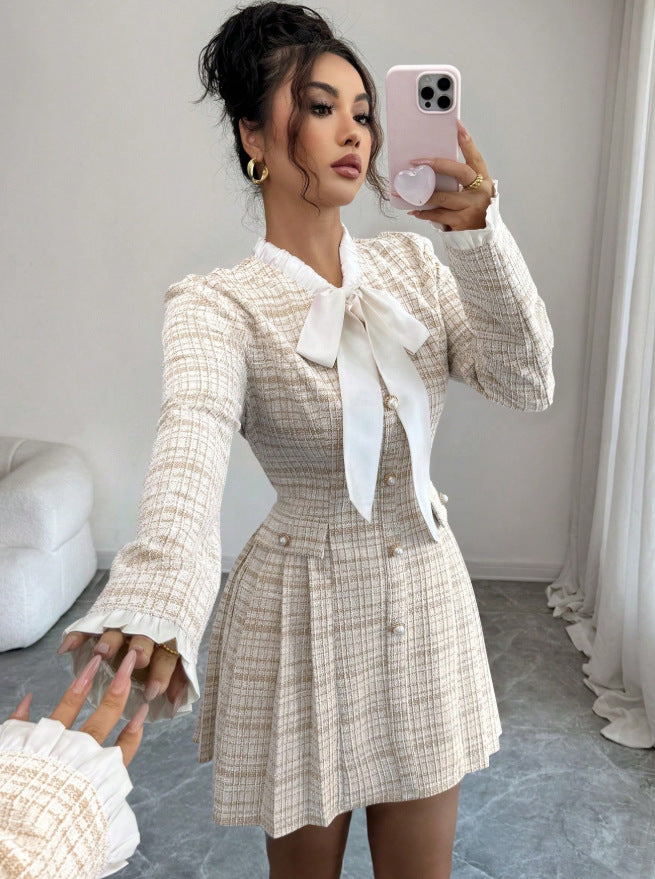 spring/autumn slim-fit, figure-flattering, high-quality, cute & sweet french-style grid dress - a unique and chic short dress