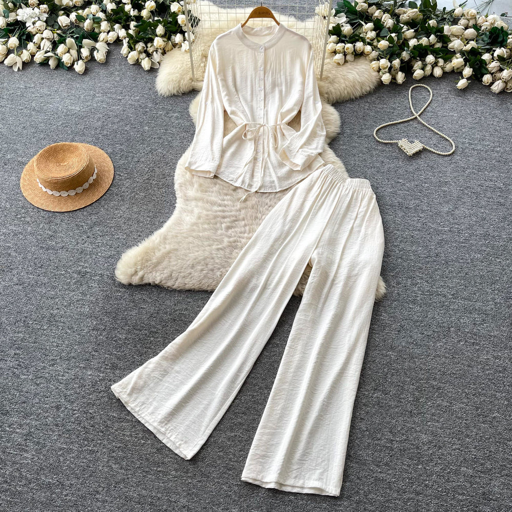 Light mature style bows strap waist shirt women's summerhigh waistloose pants silm two-piece set autumwork clothing