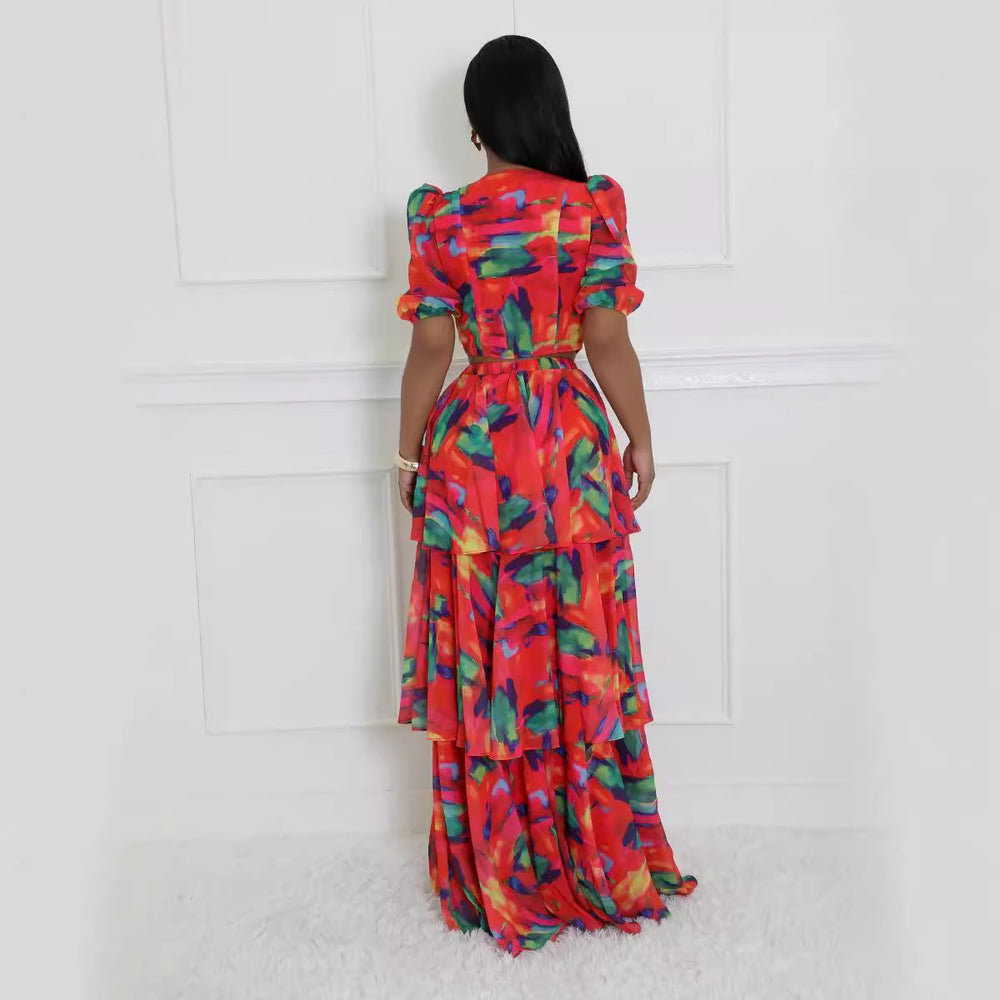 European and american cross-border women's fashion  summer new collection: bandeau u-neck top with printed cinched waist tiered skirt two-piece set