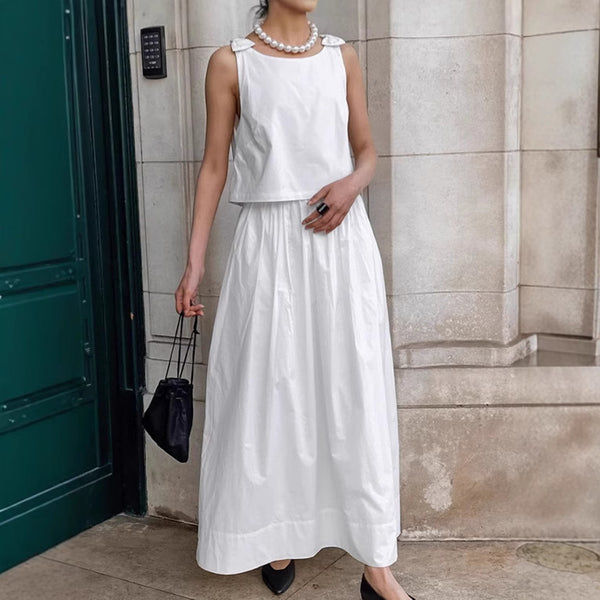 French temperament commuter white vest A-shaped skirt set women's summer high-end loose long skirt two-piece women's clothing