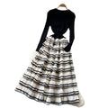 French style faux two-piece color block striped a-line cake dress - women's autumn knit long sleeve high waist slimming commute dress