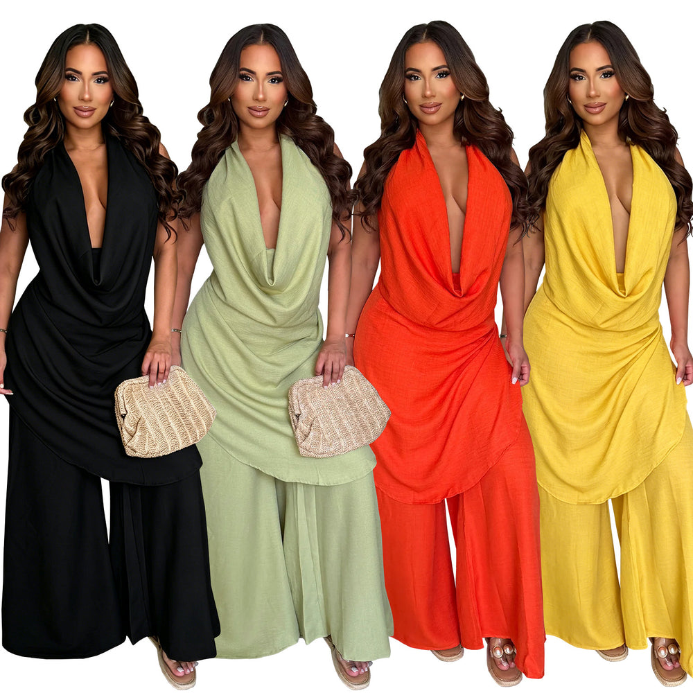 C7785 cross-border  new women's halter deep v-neck solid color loose drape wide-leg pants vacation casual set
