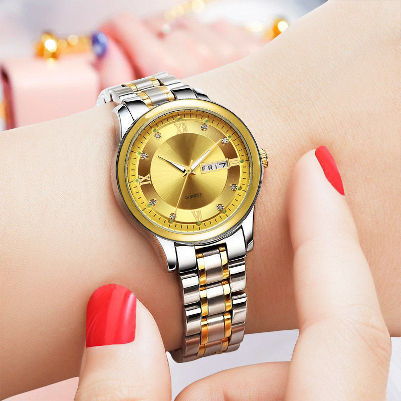 【tv shopping hot pick】diamond-accented stainless steel quartz watch - wholesale for men, dual calendar, luminous, suitable for women, couple's style
