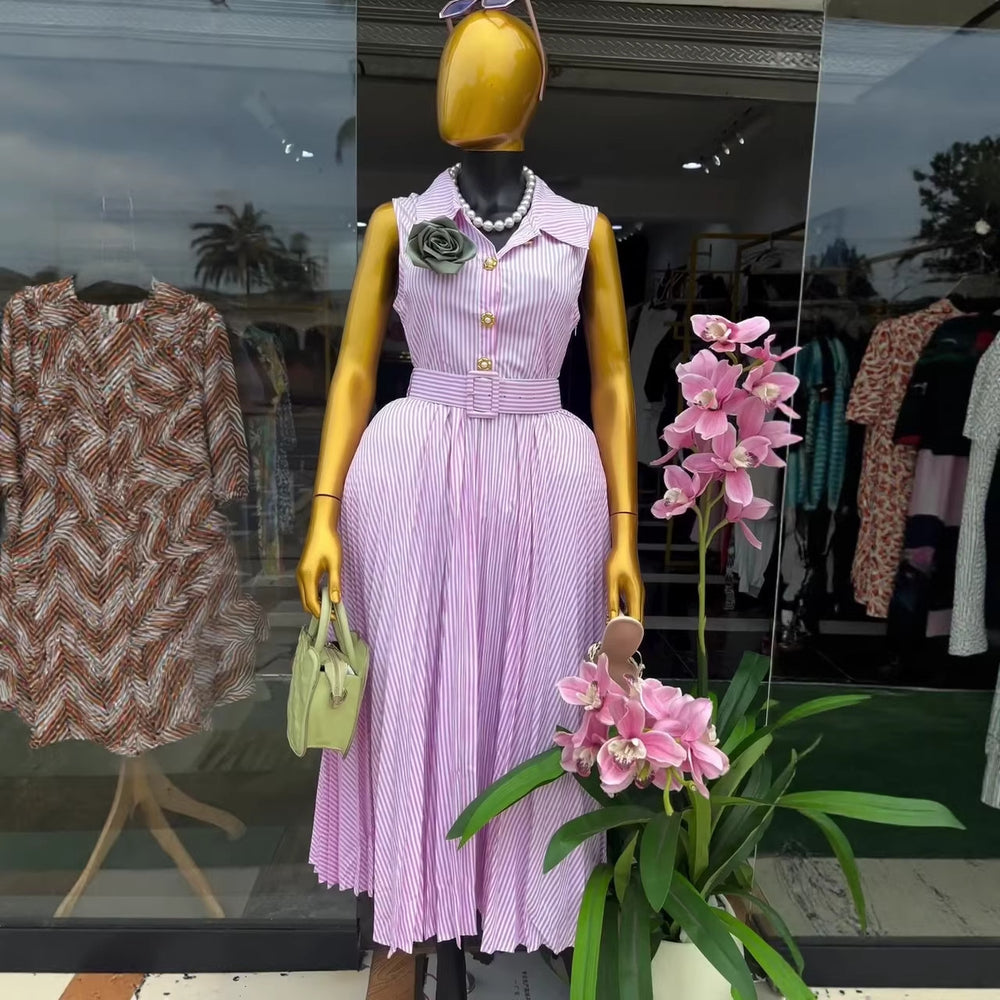 European and american cross-border women's clothing:  summer new arrival - elegant sweetheart style, striped tie-neck pleated sleeveless dress