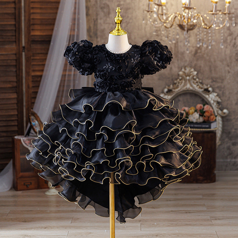 European and american style girls' bubble sleeve dress with 3d floral appliques, tiered cake skirt, and train - ready to ship