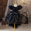 European and american style girls' bubble sleeve dress with 3d floral appliques, tiered cake skirt, and train - ready to ship