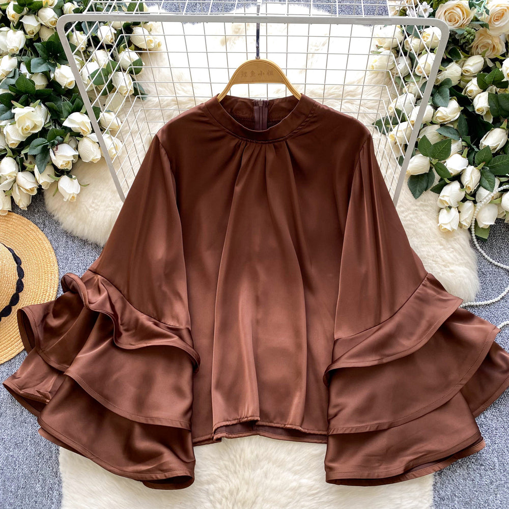 European and american chic ruffle trim flared sleeve satin blouse - women's  autumn collection, high-end versatile top