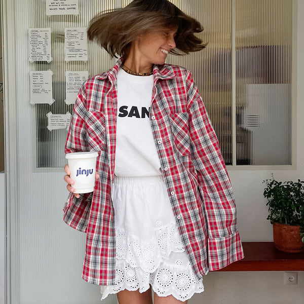 2024 summer American retro red plaid shirt women's long oversiez sunscreen shirt design sense women's clothing