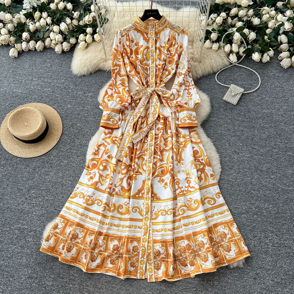 Retro palace style printingdress women's summer lantern sleeves stand collar single breasted strap waist beautiful royal sister long skirt