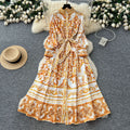 Retro palace style printingdress women's summer lantern sleeves stand collar single breasted strap waist beautiful royal sister long skirt