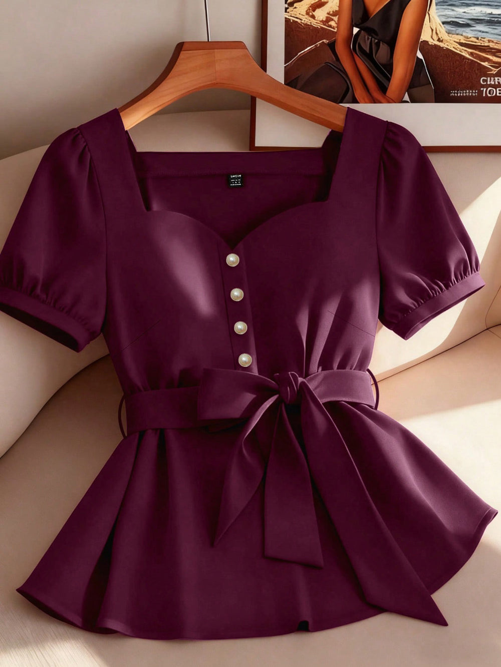 Simple square neck heart-shaped collar solid color blouse with puff sleeves and belted waist – slimming and elegant women's apparel, 1688 source