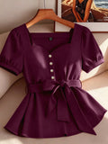 Simple square neck heart-shaped collar solid color blouse with puff sleeves and belted waist – slimming and elegant women's apparel, 1688 source