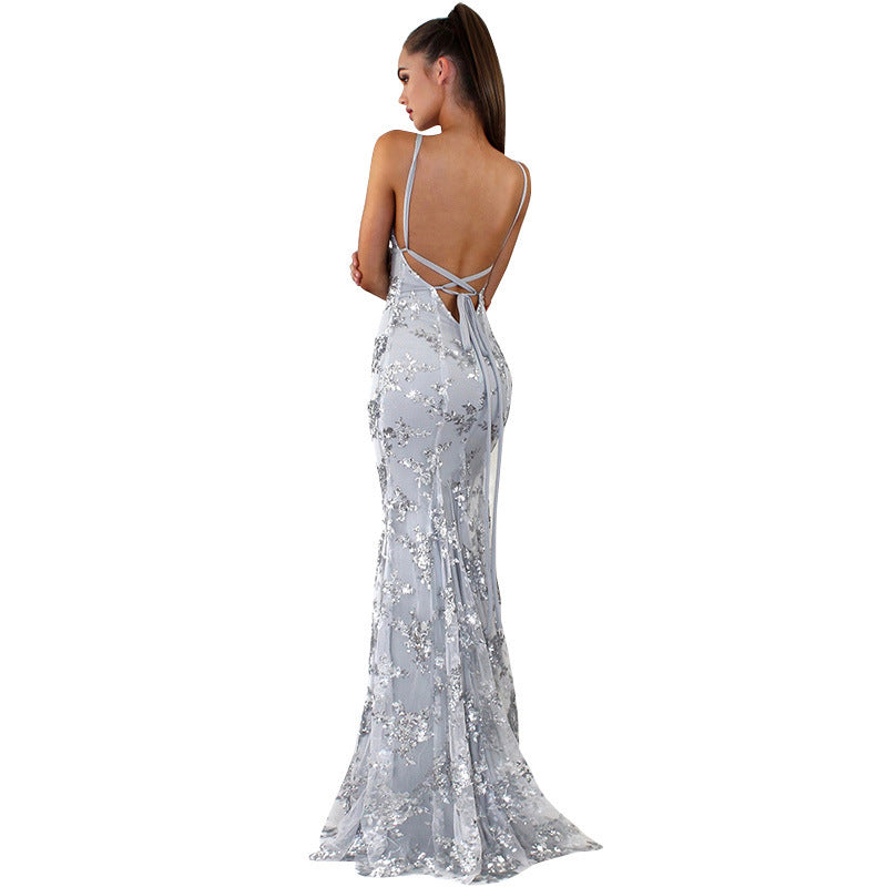 new arrival: cross-border european & american women's clothing -  &  dress: spaghetti strap v-neck backless sequin tie-up gown
