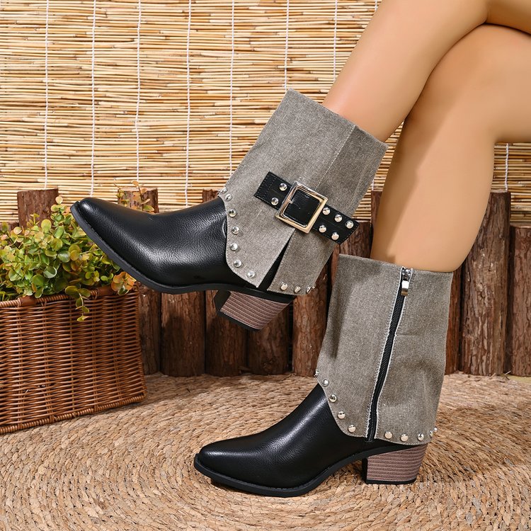 Plus size women's ankle boots for export - new autumn/winter  collection: stylish studded side-zip chunky heel metal buckle booties