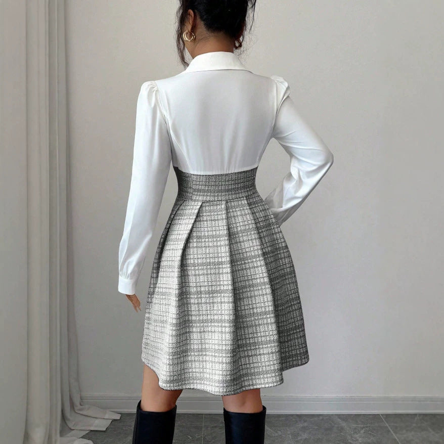 Fashion cross-border  accessible luxury thick flower patchwork short skirt pure white lapel long sleevestopsmatching light gray dress