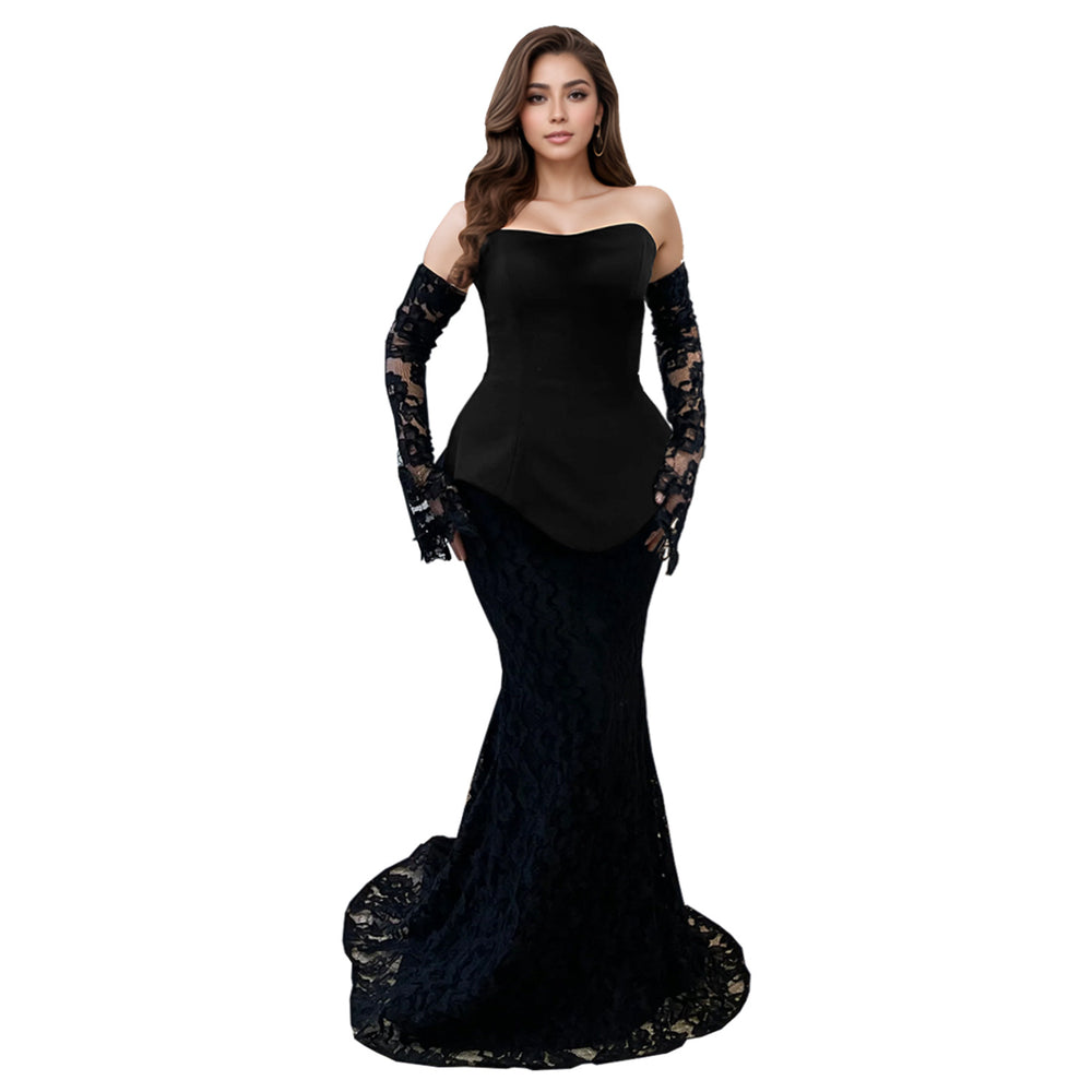 C7299 cross-border   fashion women's sexy bandeau see-through lace maxi dress two-piece set