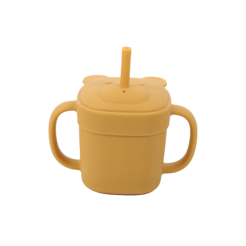 Children's silicone straw cup Baby bear baby drinking milk drinking cup Double handle anti-drop silicone feeding tableware