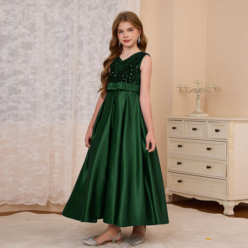 fashionexportfashion stylegirl dress long skirt v-neck evening dress satin princess dress catwalk classysequin skirt
