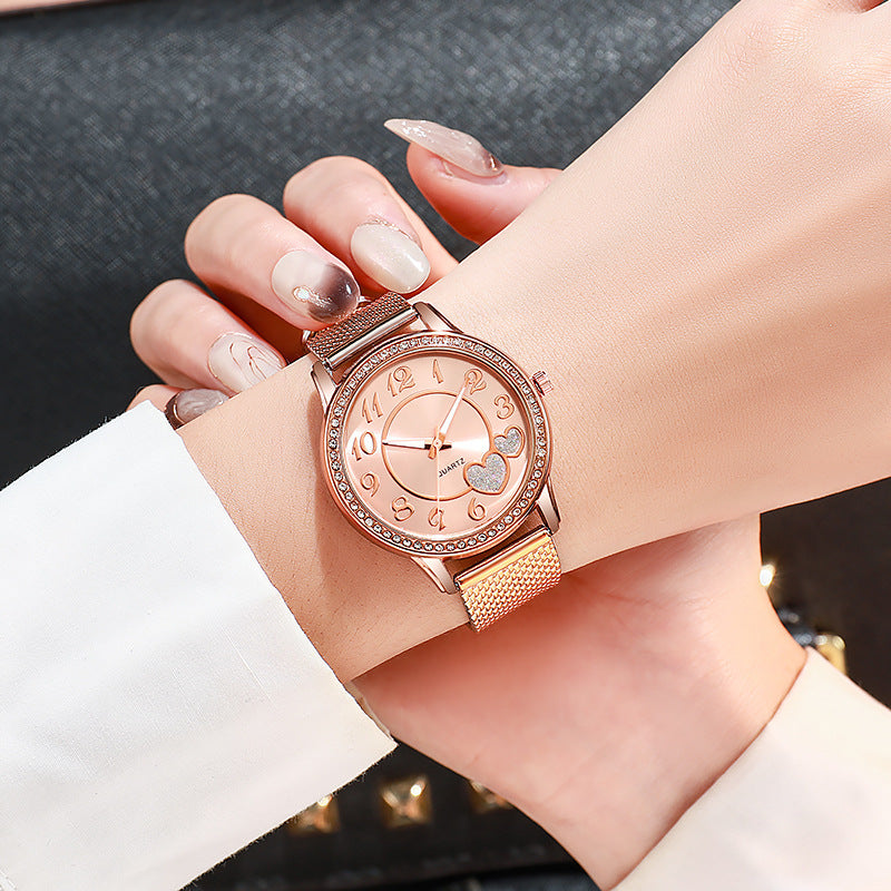 New fashion cross-border heart mesh strap quartz watch student rose gold heart diamond ladies watch wholesale silver