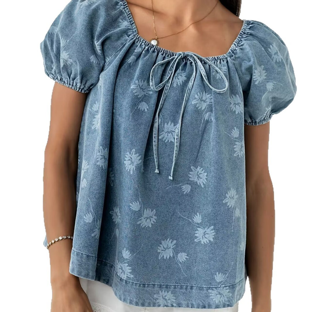 european and american new arrival cross-border  short printed tie-waist washed bubble sleeve women's denim top