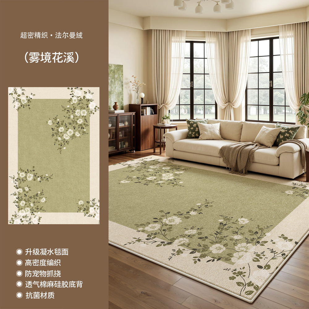 French retro green carpet - living room, stain-resistant, easy to clean, sofa & coffee table, soundproof, thickened floor mat, bedroom, high-end feel