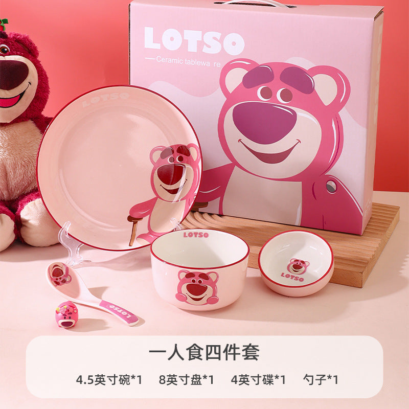 Cartoon Ceramic Bowl Premium Tableware Gift Box Gift High Value Bowl Plate Household Children's Rice Bowl Strawberry Bear Set