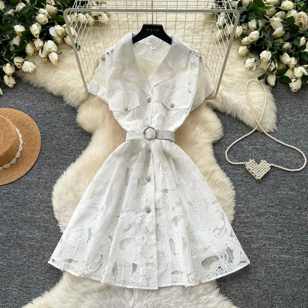 French romantic style heavy lace embroidery dress - women's summer short sleeve, cinched waist, hollow-out, slimming, elegant mini dress